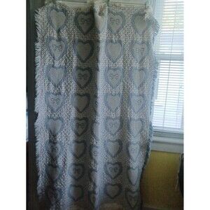 Hearts & bows woven throw blanket blue white fringe 44x64 cottagecore country